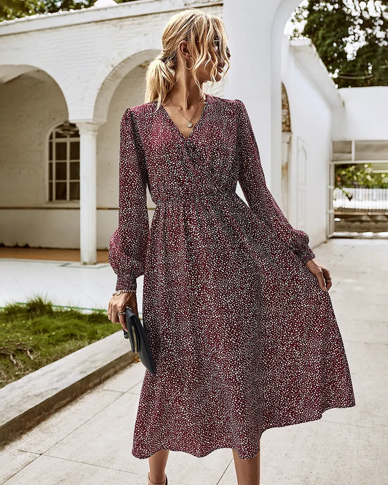 Elegant Retro V-neck Polka dot Floral Maxi Midi Dresses