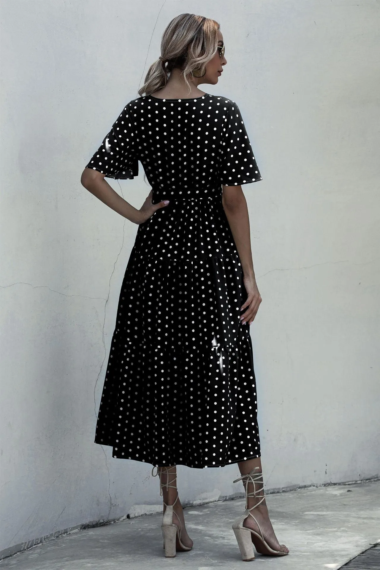 V-neck Belt Polka Dot Floral Maxi Dresses